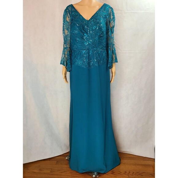 New Mother of the Bride (14) Teal Blue Lace & Chiffon Long Flounce Sleeve Dress - Picture 1 of 12